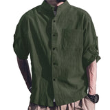 Men's Casual Solid Color Cotton Linen Stand Collar Loose Three Quarter Sleeve Shirt 00592396M