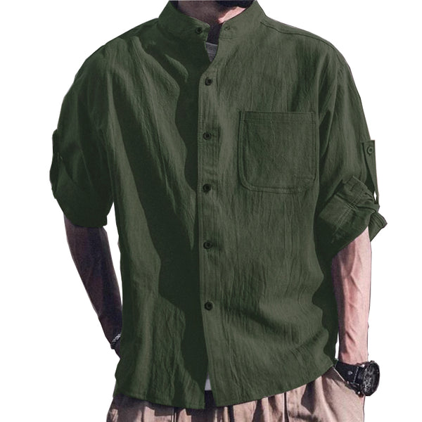 Men's Casual Solid Color Cotton Linen Stand Collar Loose Three Quarter Sleeve Shirt 00592396M
