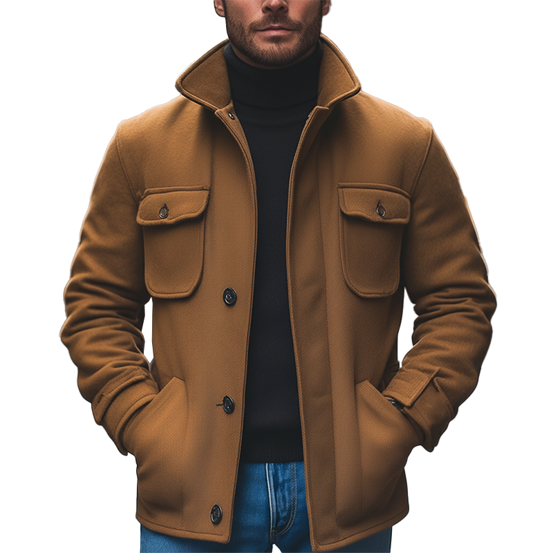 Men's Winter Retro Solid Color Faux Wool Multi-pocket Stand Collar Coat MTA0356K7P