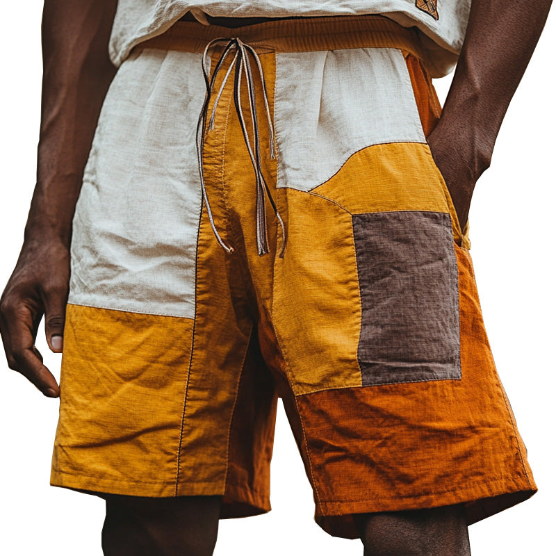 Men's Stylish Contrast Color Patchwork Linen Shorts 28292964P