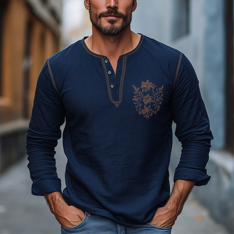 Men's Navy Blue Cotton and Linen Embroidered Henley Collar Long Sleeve T-Shirt 10707618U