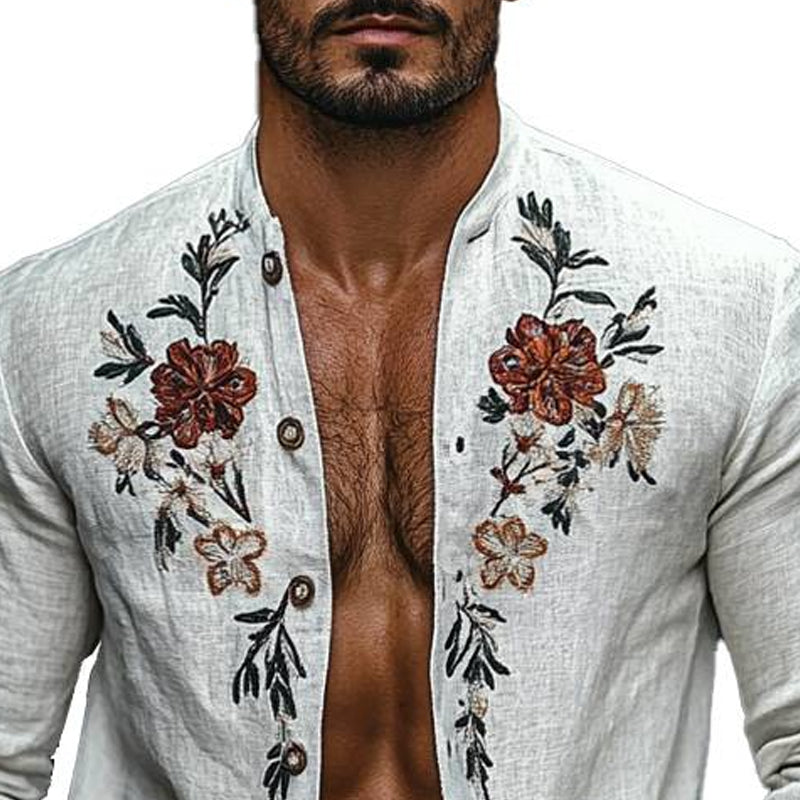 Men's Vintage Floral Embroidery Long Sleeve Light Jacket 10656738X