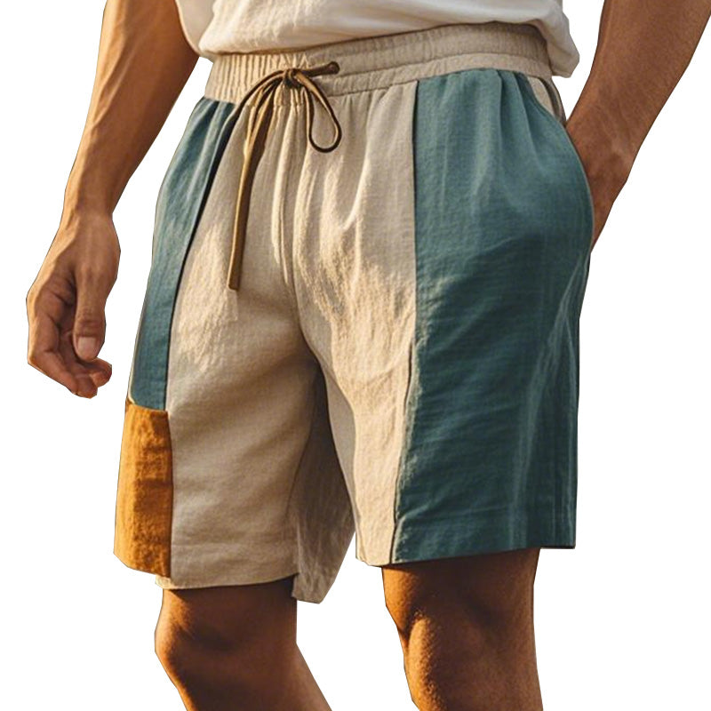 Men's Morandi Color Patchwork Simple Linen Shorts 09147016P