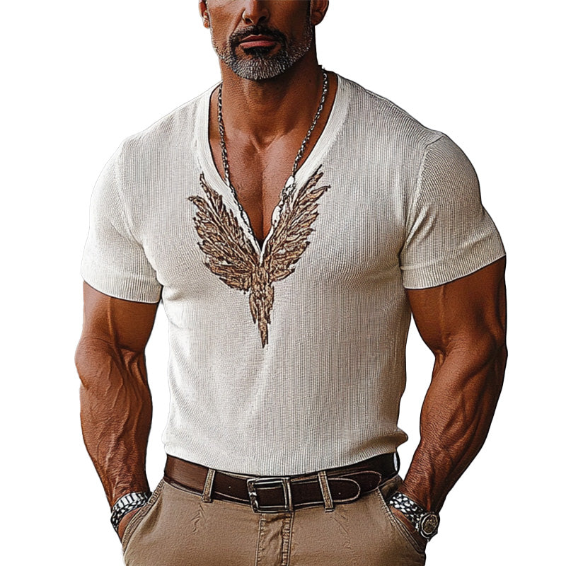 Men's Thin Knitted Printed V-Neck Short Sleeve T-shirt 26259300P