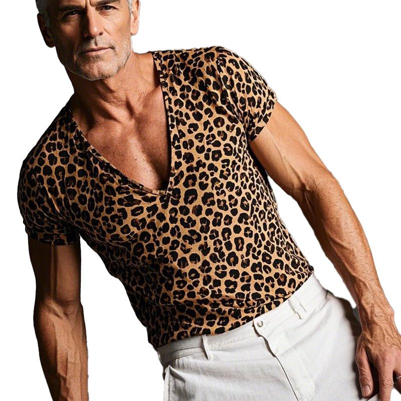 Men's Leopard Print Short Sleeve V-Neck Slim Fit T-Shirt 23412809P