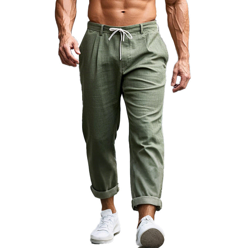 Men's Comfortable Breathable Light Army Green Linen Casual Trousers 56549196P