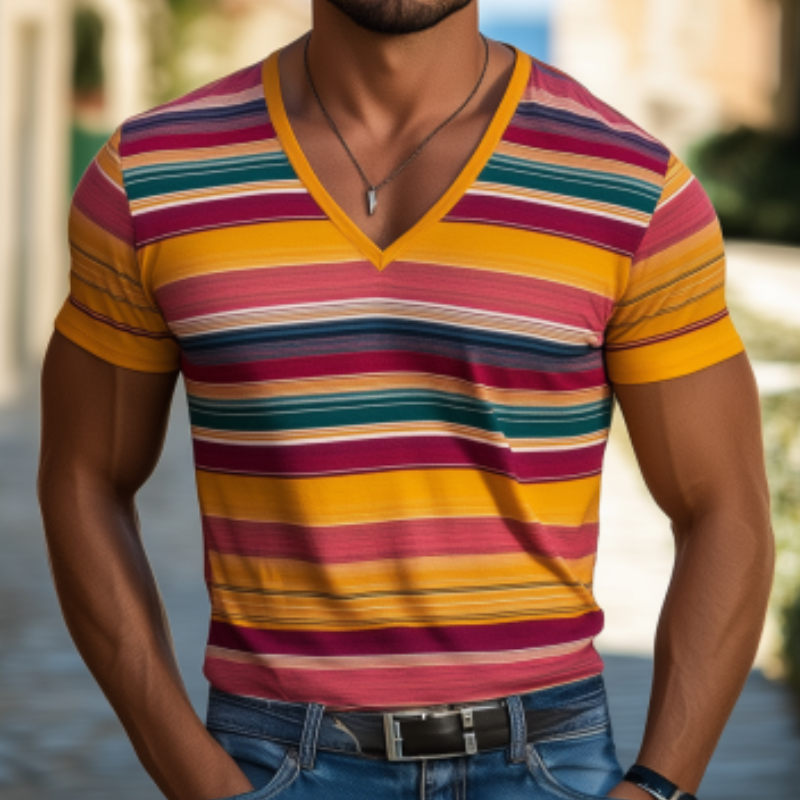 Men's Casual V-neck Contrast Striped Cotton Slim Fit Short-sleeved T-shirt 90879471K