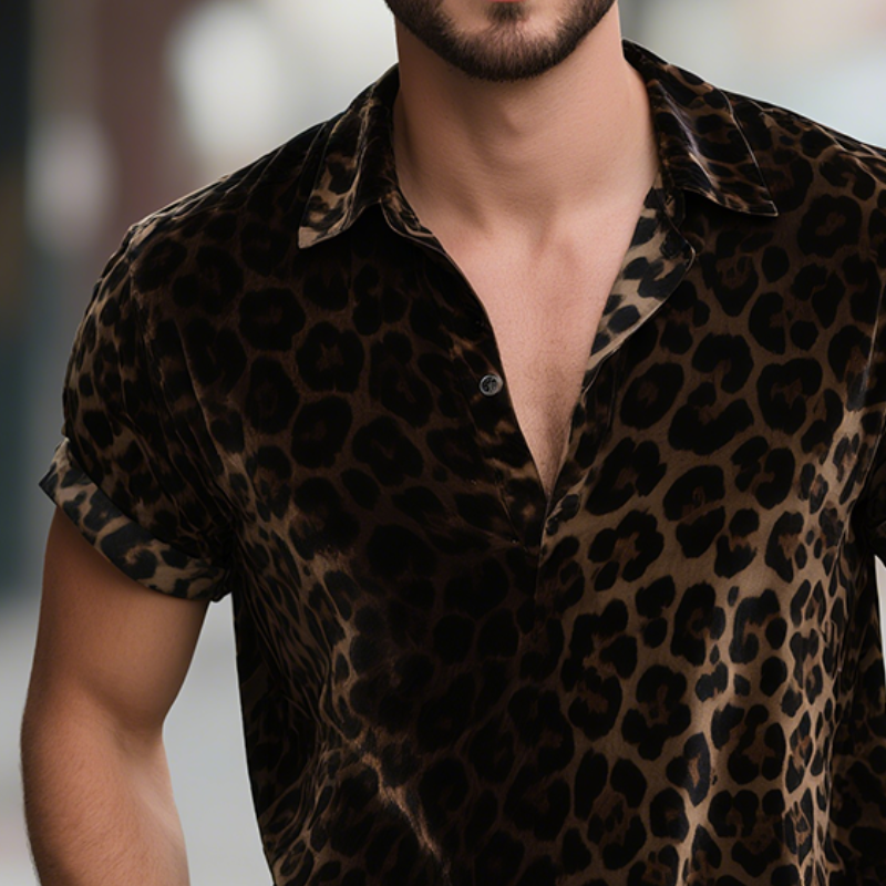 Men's Vintage Velvet Leopard Print Lapel Short Sleeve T-Shirt MTA0751G2TO