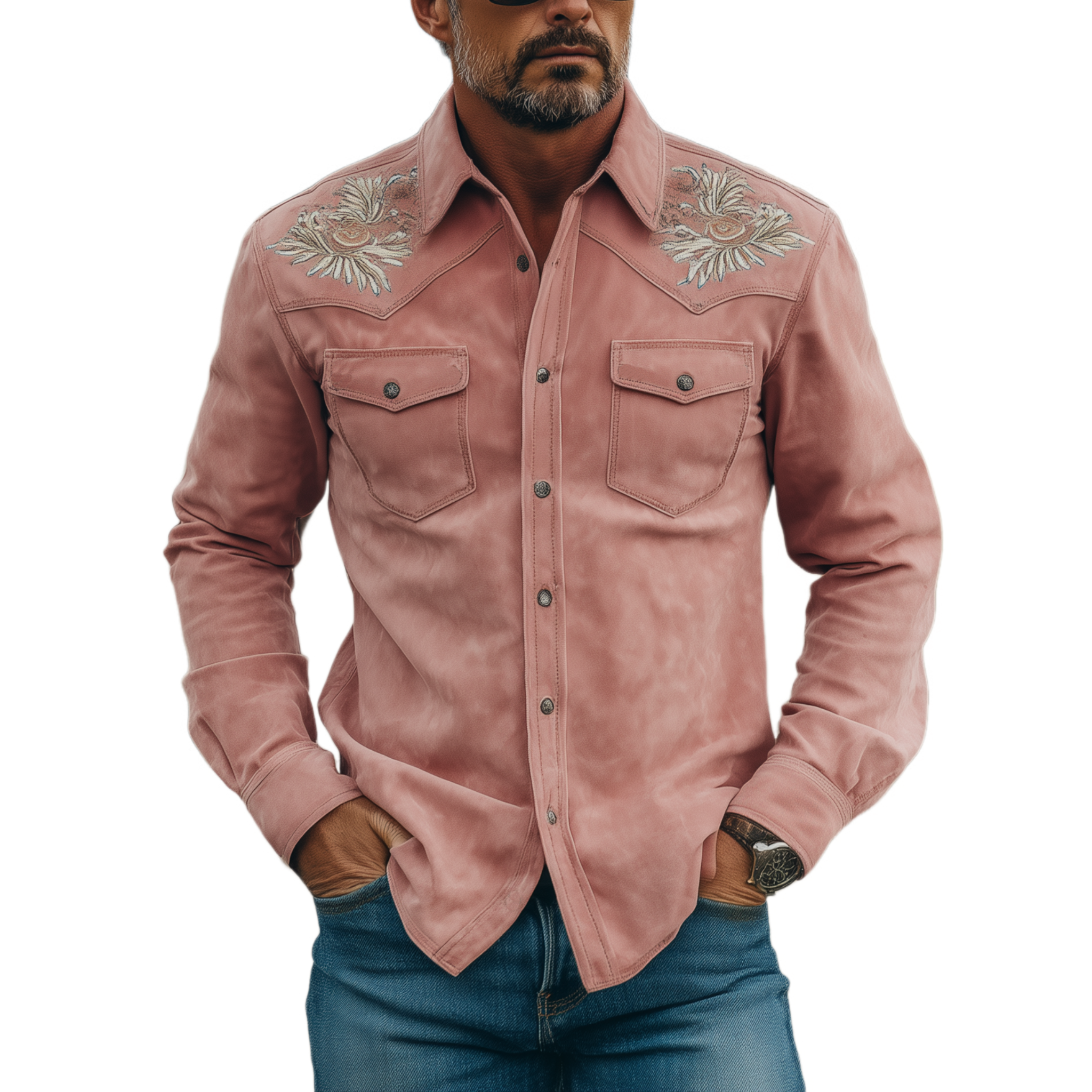 Men's Classic Retro Western Style Embroidered Pink Suede Slim-fit Long-sleeved Shirt MTA1476H5K