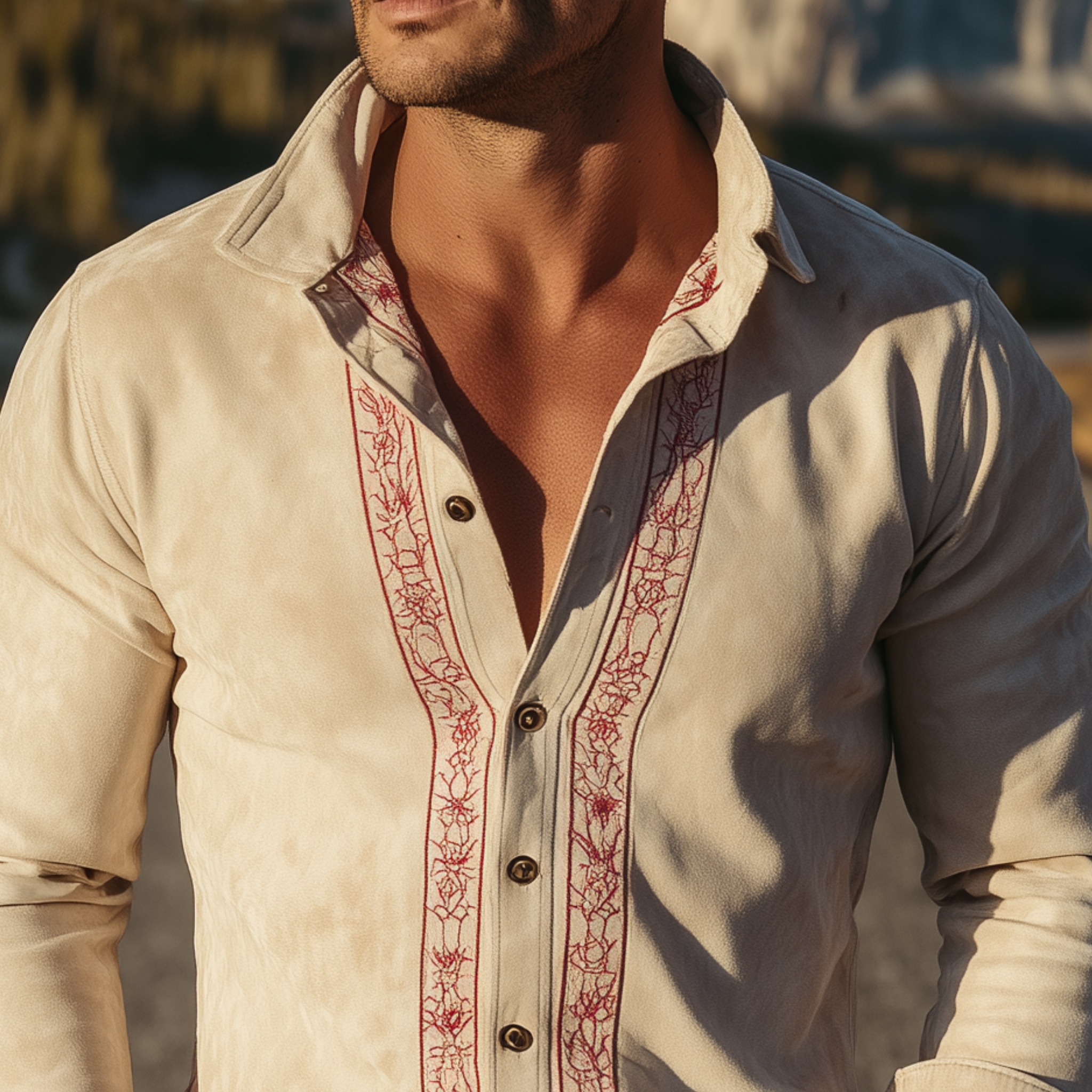 Men's Classic Retro Western Embroidered Suede Slim Fit Long Sleeve Shirt MTA1414H0K