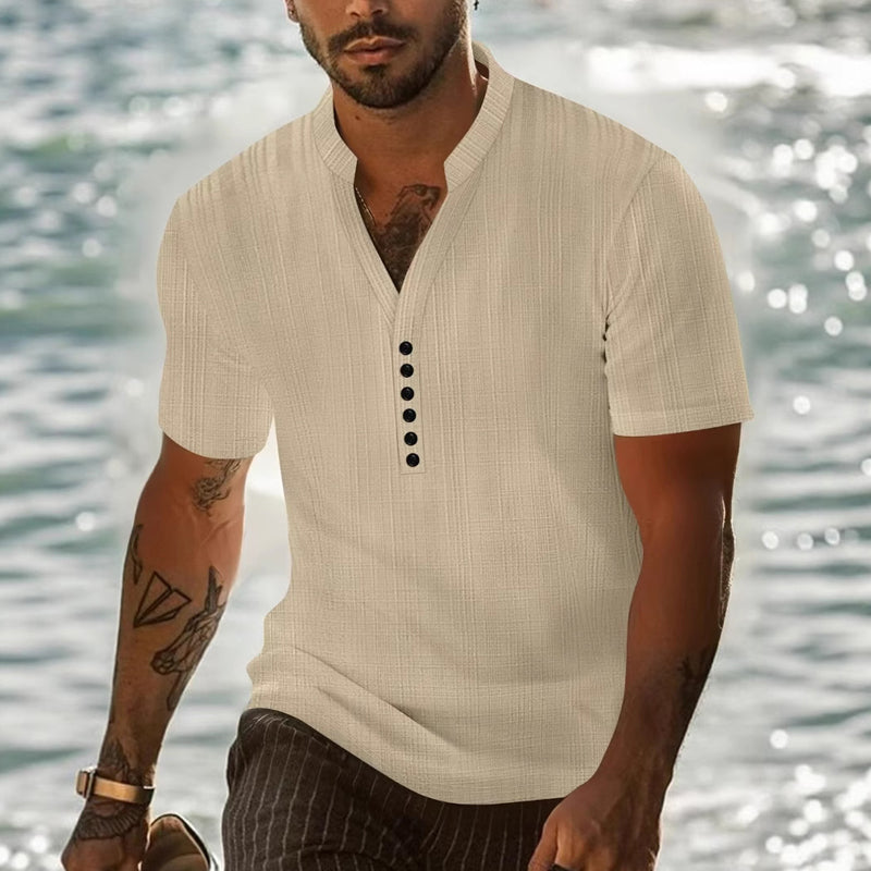 Men's solid color casual pullover button short-sleeved T-shirt MTA0625E4X