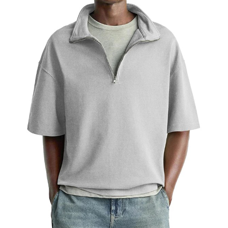 Men's Simple Zipper Cotton And Linen Short-Sleeved Polo Shirt MTA3049G1P