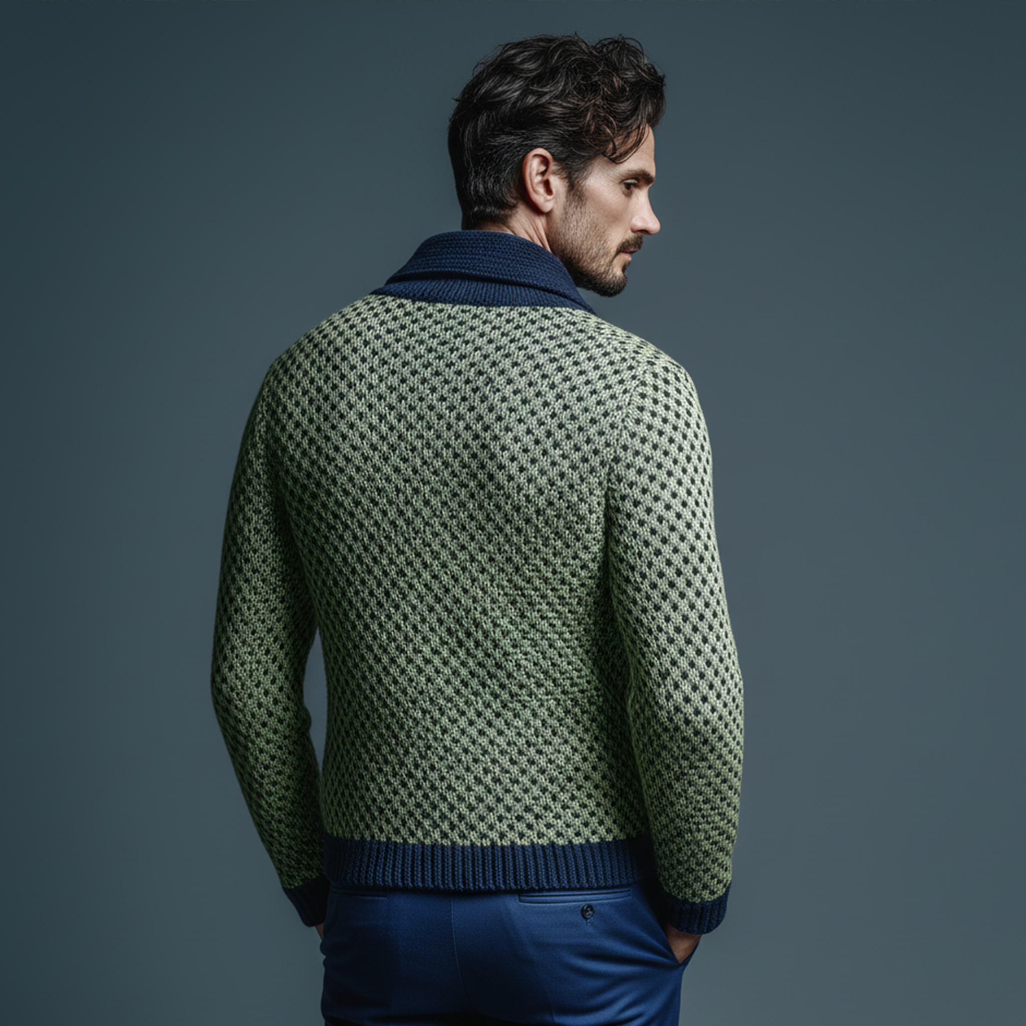Men's Classic Casual Lapel Green And Navy Blue Slim Jacquard Knit Cardigan MTA2659I6K
