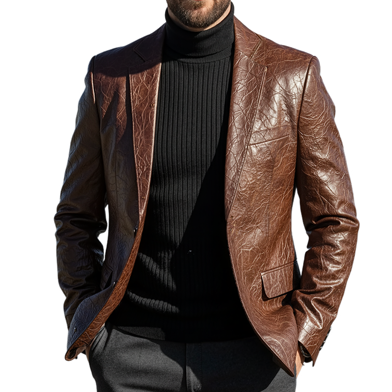 Men's Vintage Casual Faux Leather Embossed Blazer MTA2905I8TO