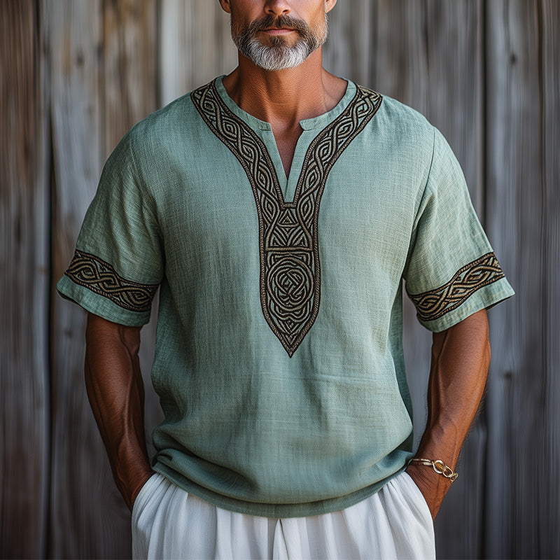 Men's Summer Retro Ethnic Style Embroidered Linen Short Sleeve T-shirt MTA2201E9P