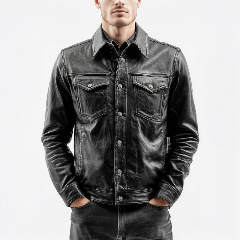 Men's Vintage Solid Color PU Lapel Single Breasted Multi-Pocket Slim Fit Motorcycle Jacket MTA2305G9M