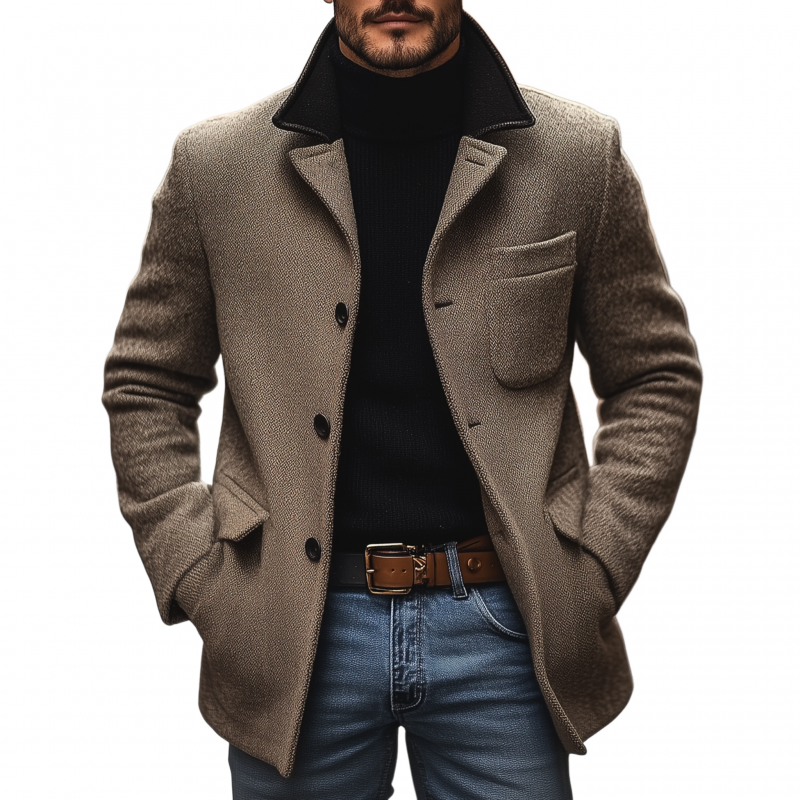Men's Vintage Wool Blend Colorblock Patchwork Notch Lapel Single-breasted Loose Warm Coat MTA1458H4M