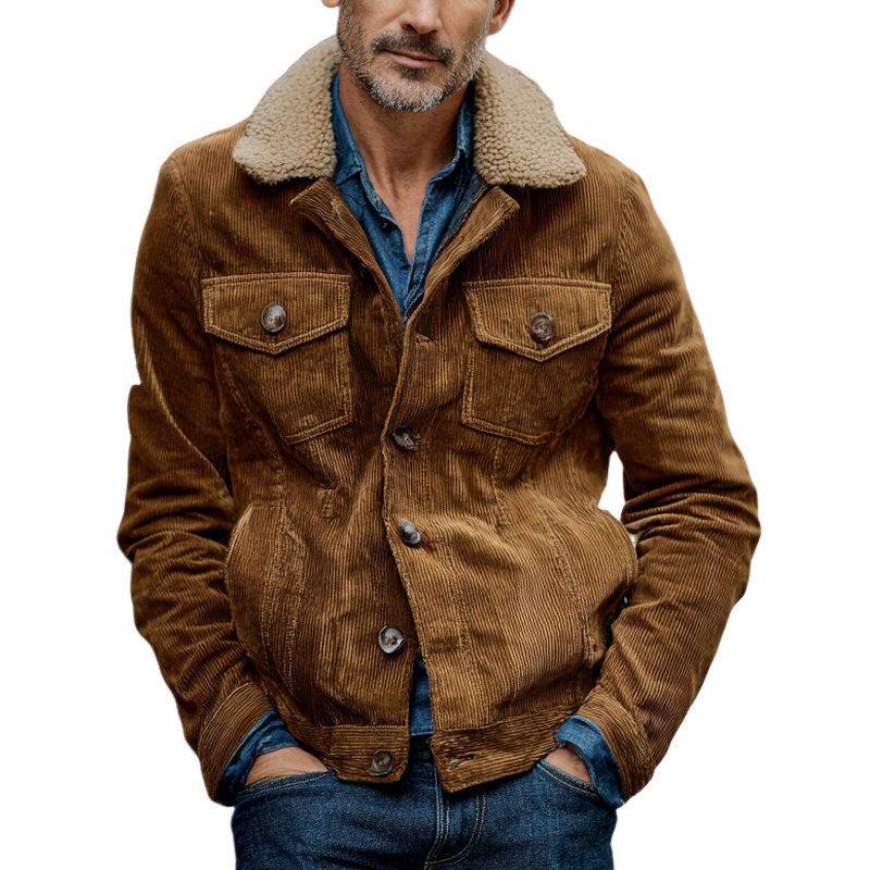 Men's Vintage Corduroy Splicing Polar Fleece Lapel Multi-Pocket Jacket MTA1347H3X