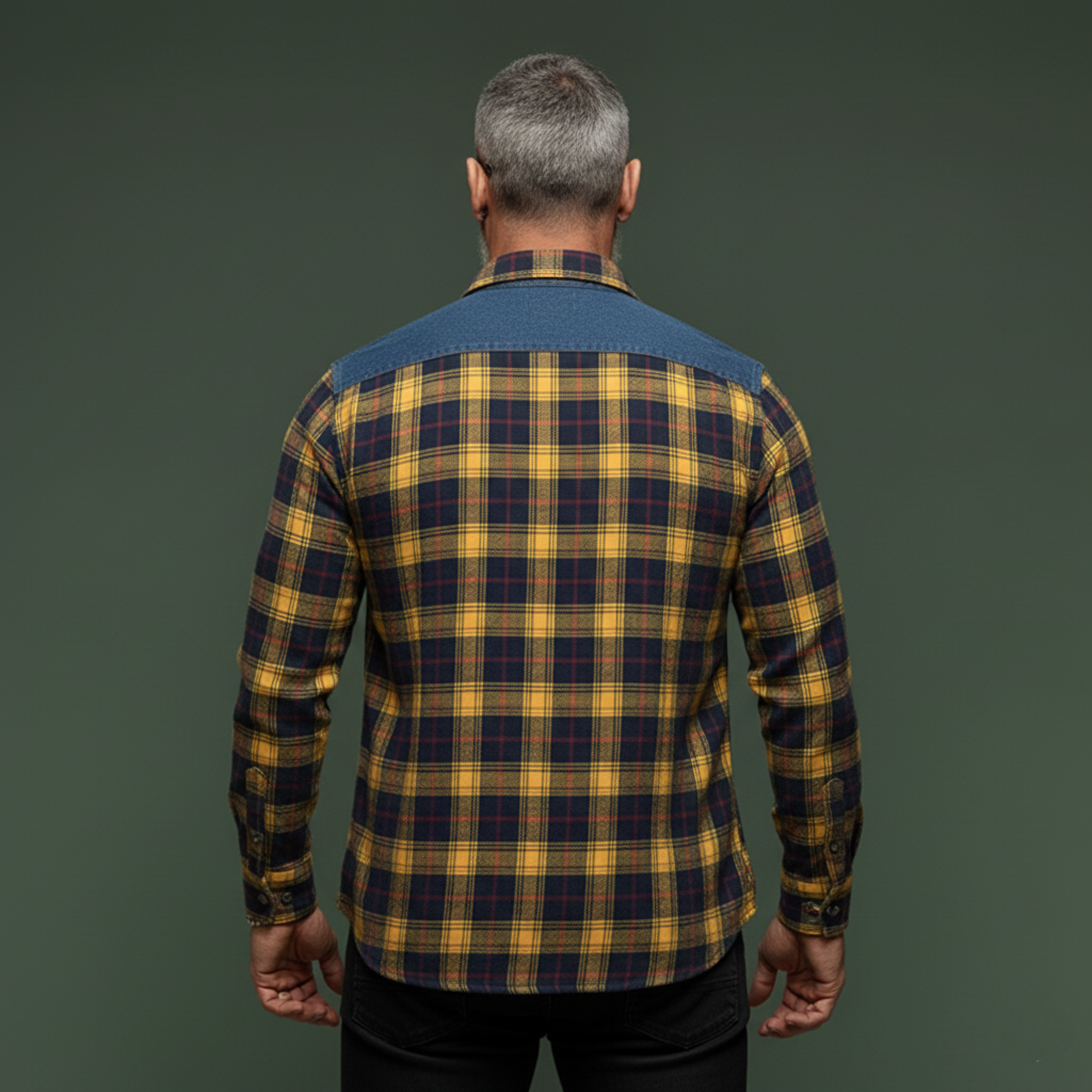 Men's Classic Casual Denim Patchwork Plaid Cotton Blend Long-sleeved Shirt MTA0961L1K