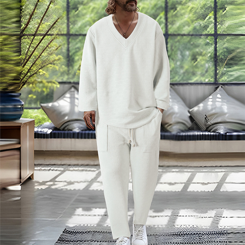 Men's Solid Color Textured Long-sleeved Trousers Two-piece Set MTA2918H5X