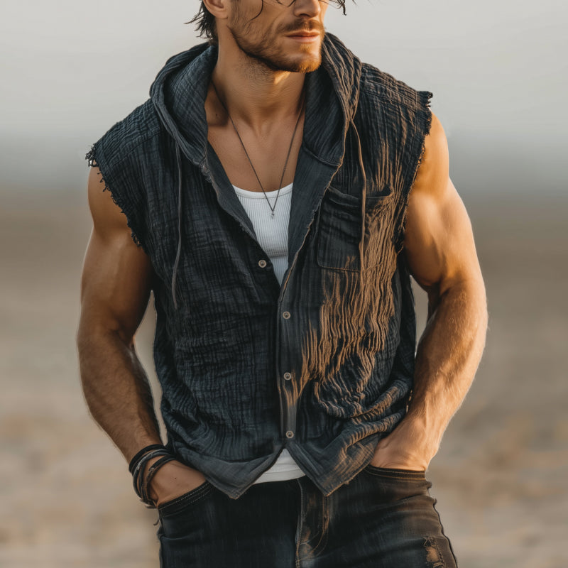 Men's Casual Wrinkled Cotton Washed Distressed Hooded Patch Pocket Loose Raw Edge Sleeveless Shirt MTA2338F9M