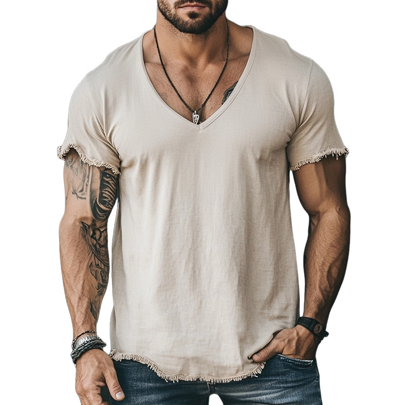 Men's Retro Casual Solid Color Linen Raw Edge V-Neck Short Sleeve T-Shirt MTA2561F2TO