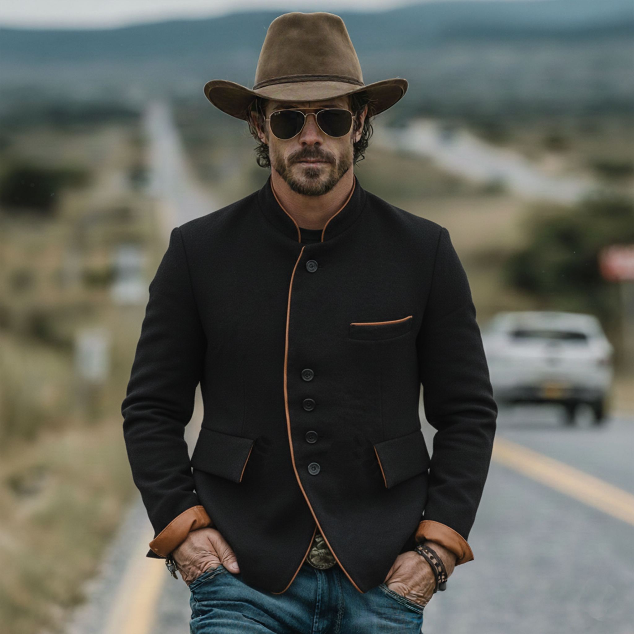 Men's Classic Vintage Western Style Stand-collar Faux Wool Single-breasted Jacket MTA0555L6K