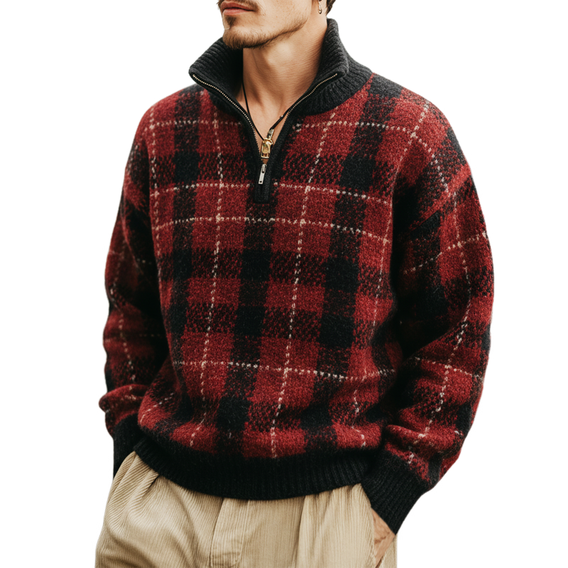 Men's Retro Black And Red Plaid Stand Collar Knitted Sweater MTA1780J6U