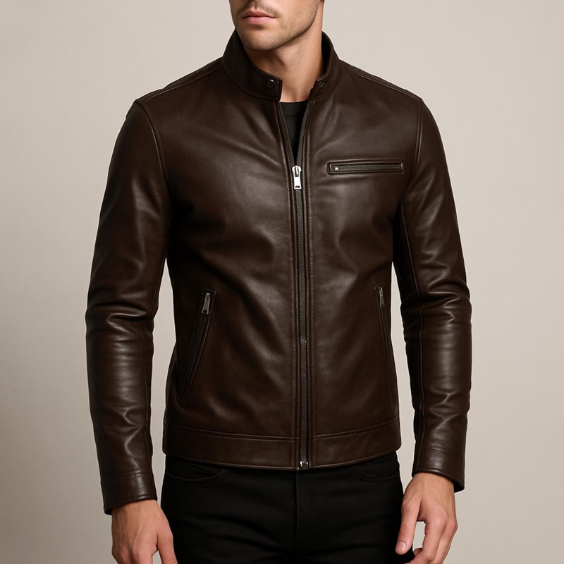 Men's Faux Leather Stand Collar Zipper Biker Jacket MTA1257I6Z