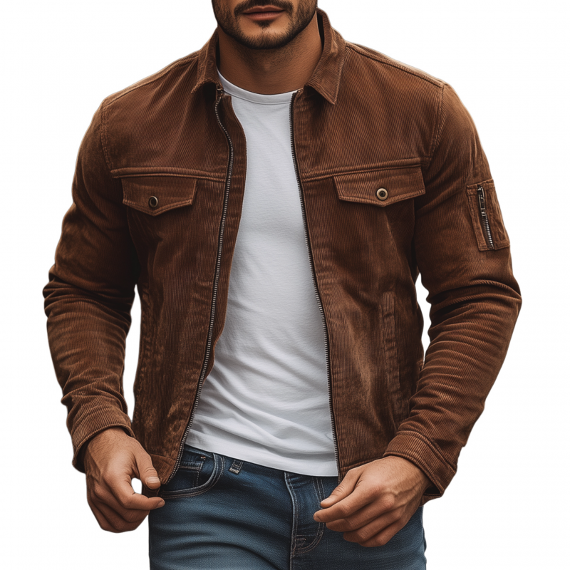 Men's Vintage Solid Color Corduroy Lapel Zipper Placket Slim Fit Cargo Jacket MTA0522H9M