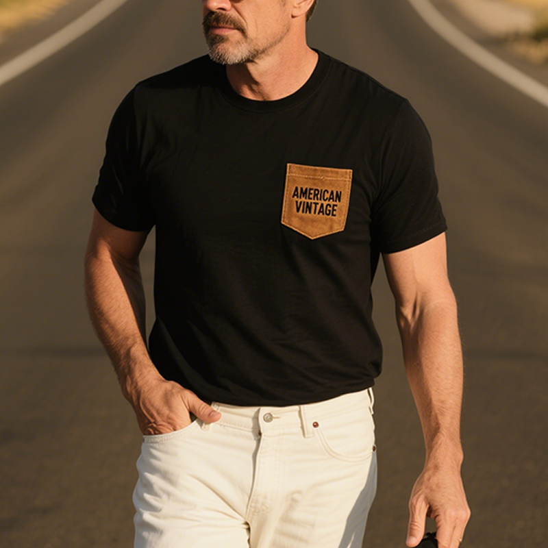 Men's Summer Fashion Casual American Retro Cotton Blended Pocket Stitching Suede Pocket Letter Embroidery Short-sleeved T-shirt MTA2428E4K