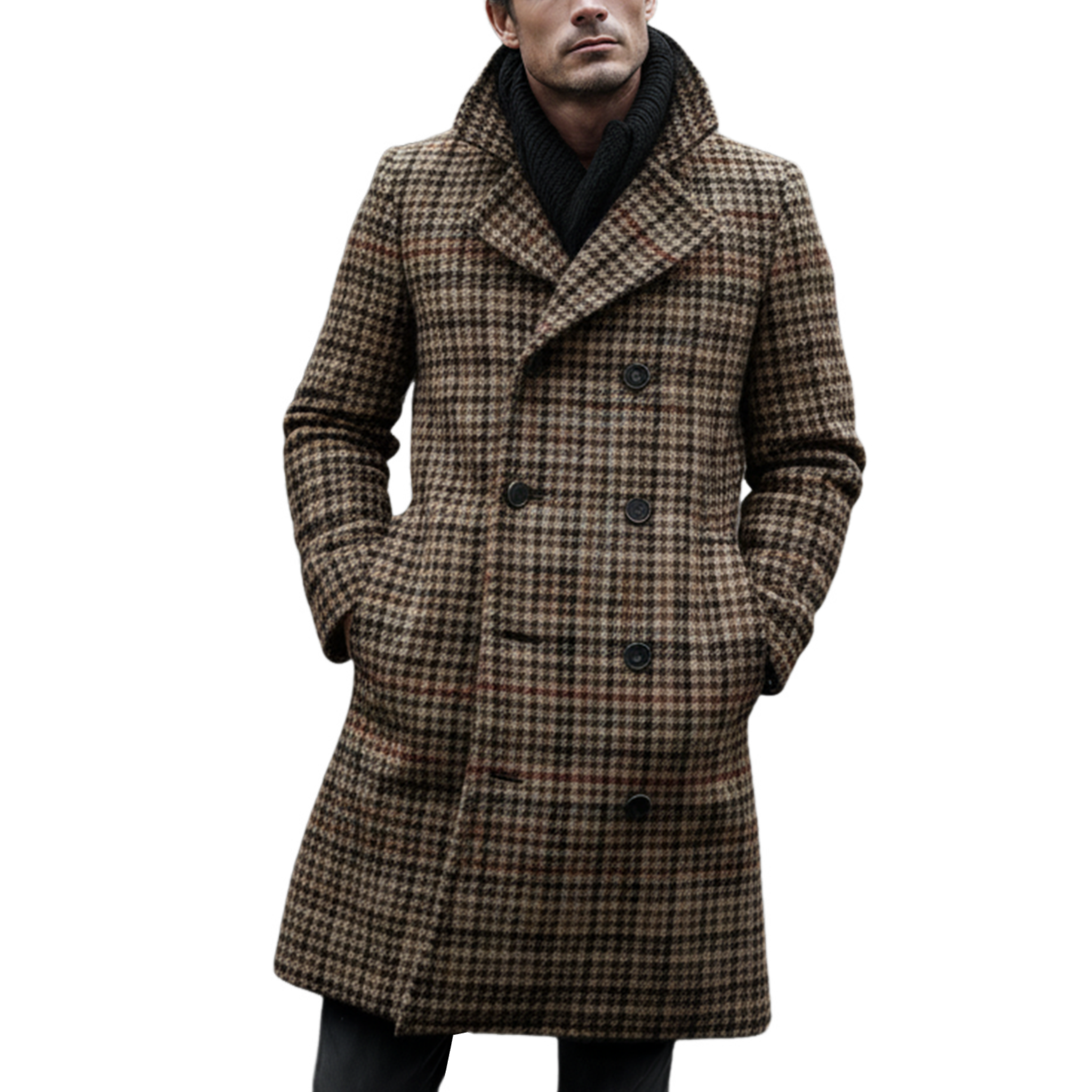 Men's Classic Vintage Faux Houndstooth Wool Double-breasted Knee-length Coat MTA2561I0K