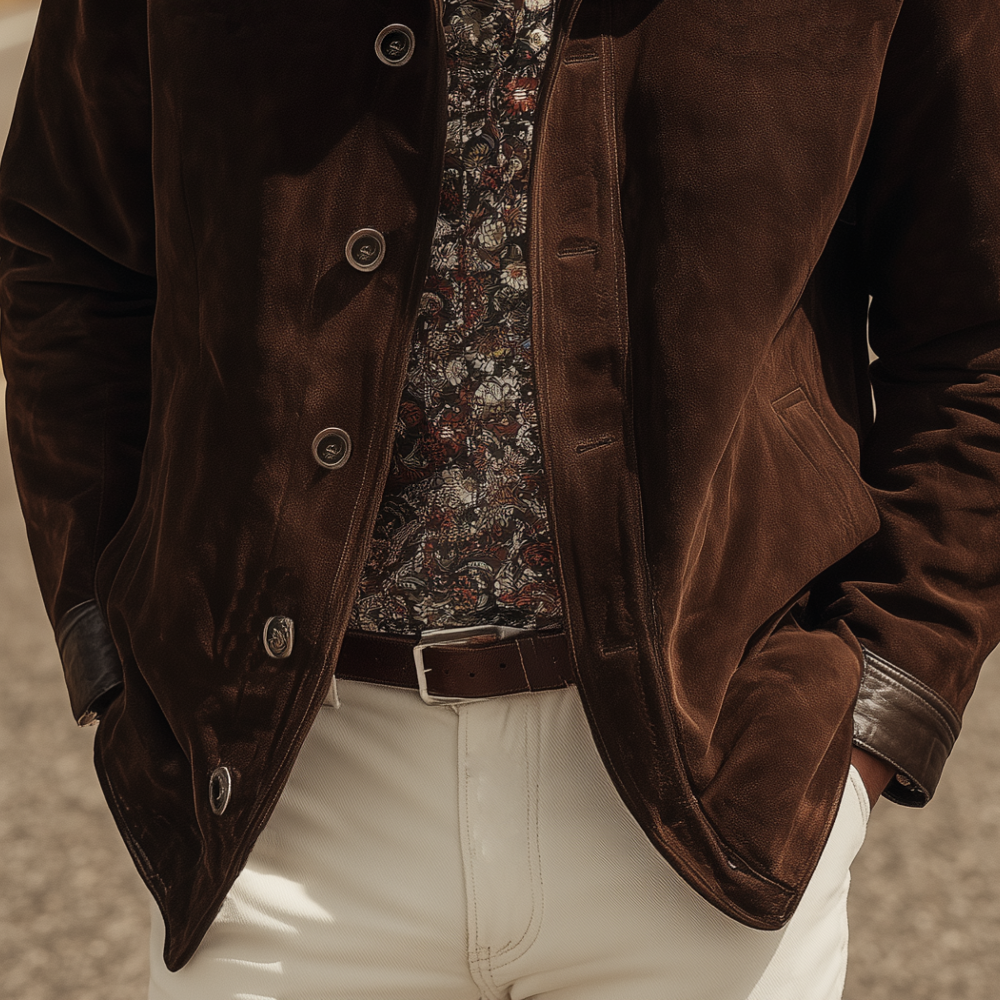 Men's Classic Western Casual Tough Style PU Leather Lapel And Cuff Suede Jacket MTA0883I3K