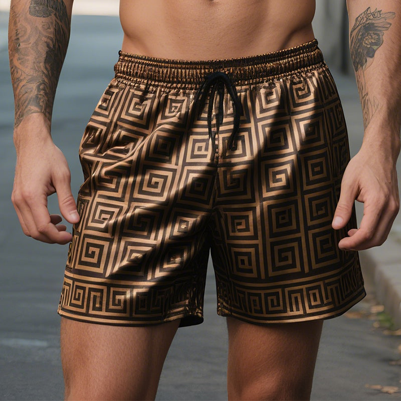 Men's Vintage Greek Key Colorblock Casual Print Satin Drawstring Shorts MTA1666E6TO