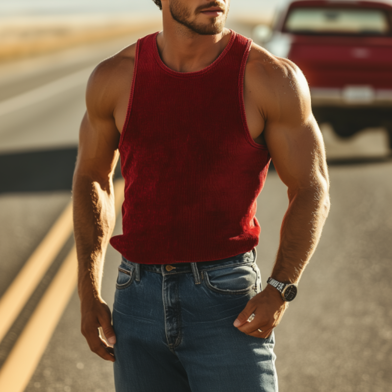 Herremote Uformell Western Cowboy-stil Corduroy Tank-topp med rund hals 69705825K