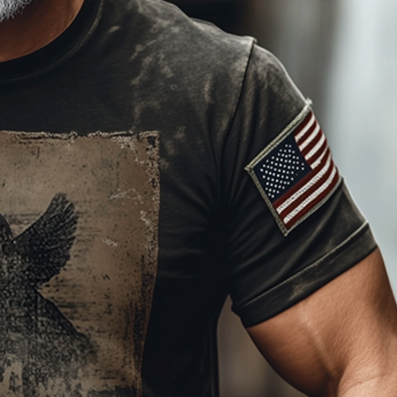 Men's Retro Casual American Flag Shoulder Patches Round Neck Print Short Sleeve T-Shirt 82921214TO