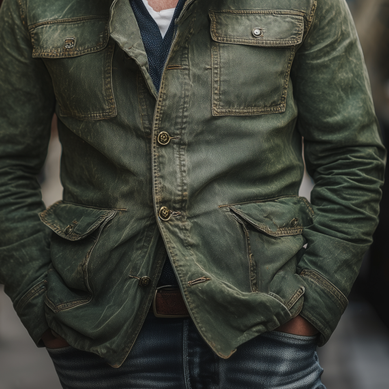 Men's Vintage Multi-Pocket Single-Breasted Lapel Denim Jacket MTA1396H7X