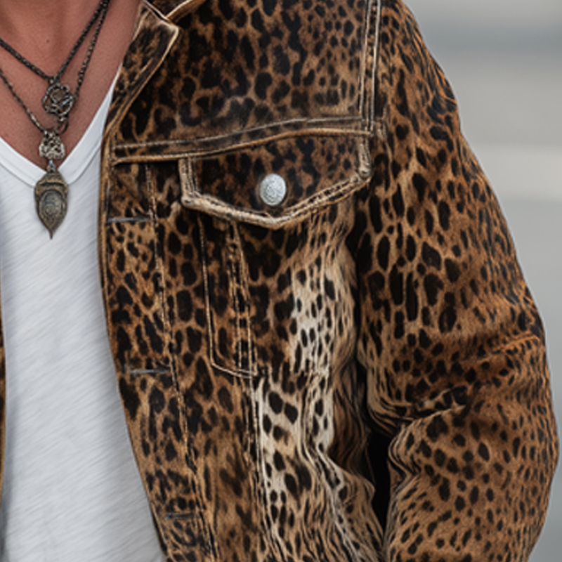 Men's Vintage Leopard Suede Lapel Button-Down Jacket MTA1451H7U