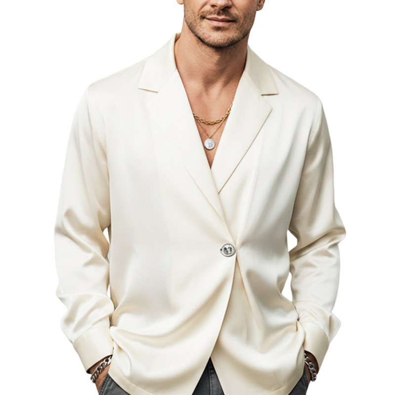 Men's Luxury Acetate Satin Single-button Beige Long-sleeved Shirt MTZ2985A7U