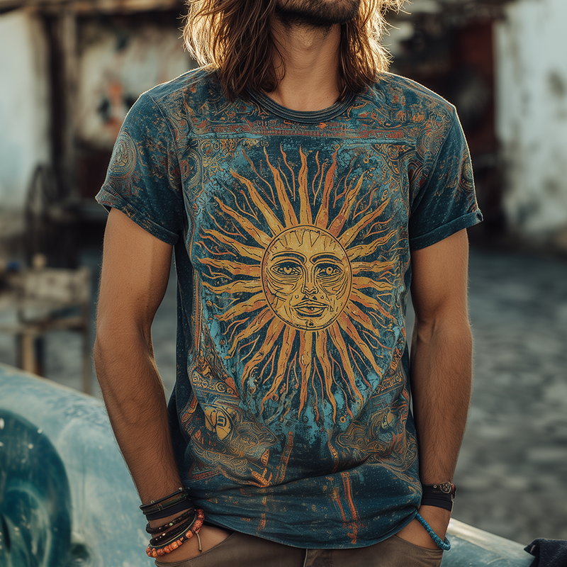 Men's Retro Casual Hippie Style Printed Round Neck Short Sleeve T-Shirt MTA0119H3TO