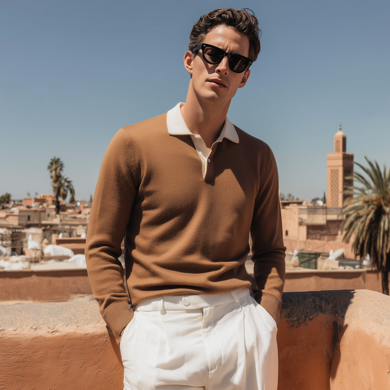 Men's Vintage Elegant Colorblock Lapel Slim Fit Pullover Knitted Long Sleeve Polo Shirt MTA0130H3M