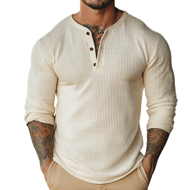 Men's Retro Casual Waffle Henley Neck Long Sleeve T-Shirt MTA1910H5TO