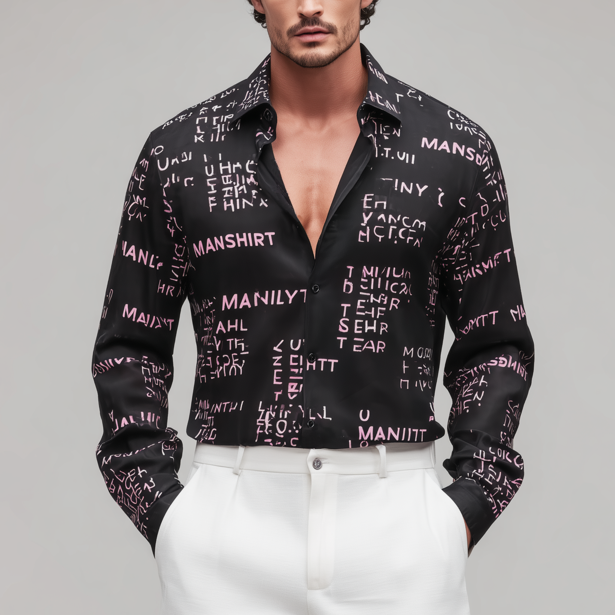 Men's Fashion Casual Satin Irregular Letter Printed Long Sleeve Shirt MTA2549G6K