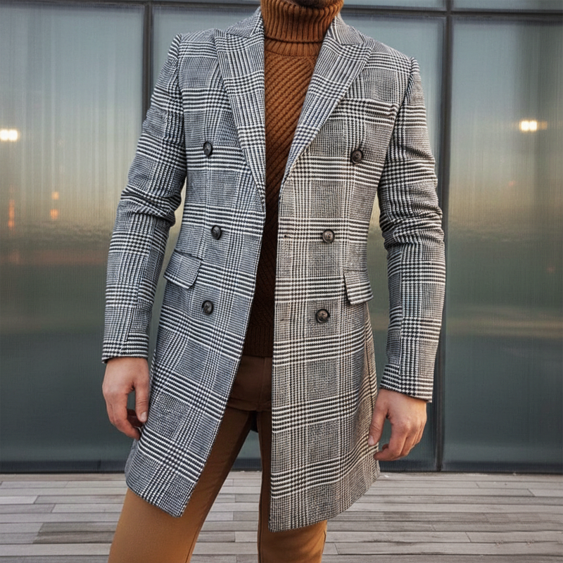 Men's Business Plaid Faux Wool Double-breasted Mid-length Coat MTA1617L1U