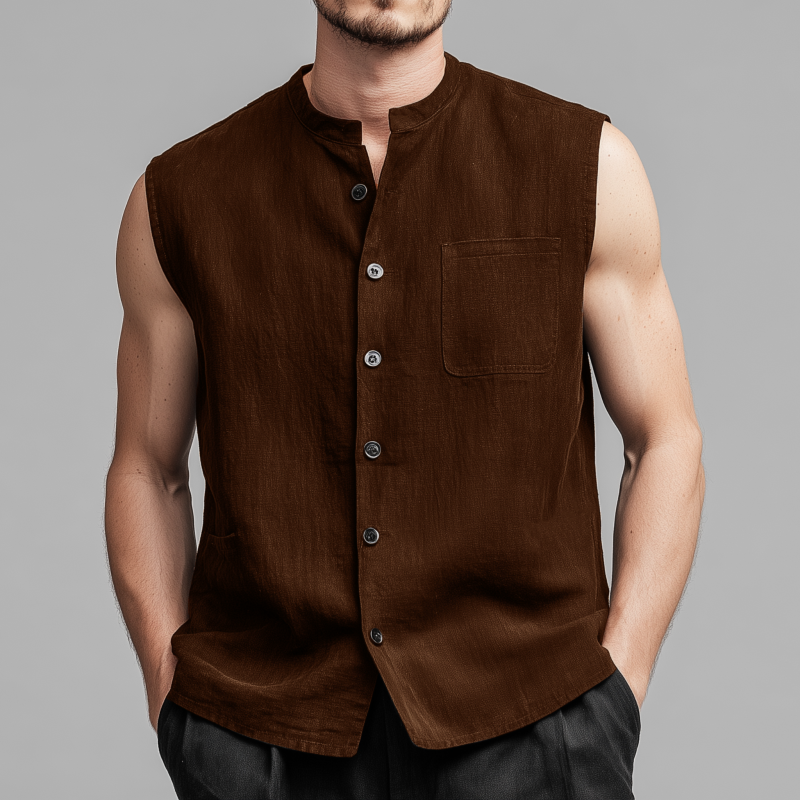 Men's Vintage Faux Suede Stand Collar Single Breasted Patch Pocket Loose Sleeveless Shirt MTA2519G2M