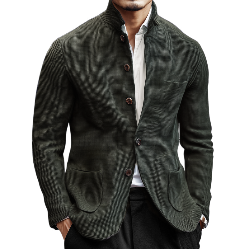 Men's Woven Textured Plaid Stand Collar Single-Breasted Jacket MTA2843H3Z