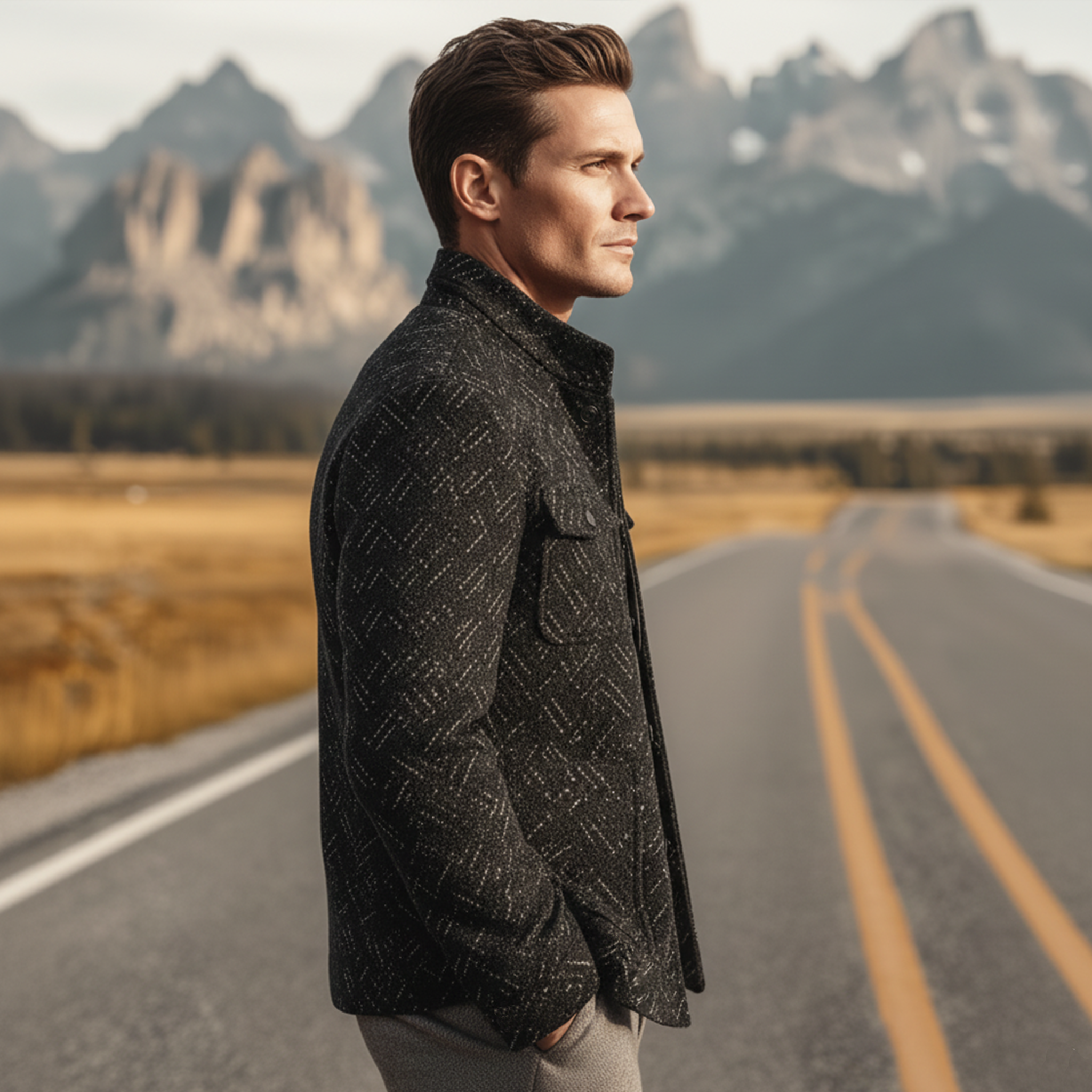 Men's Classic Light Business Stand Collar Multi-pocket Faux Textured Wool Jacket MTA2916I7K