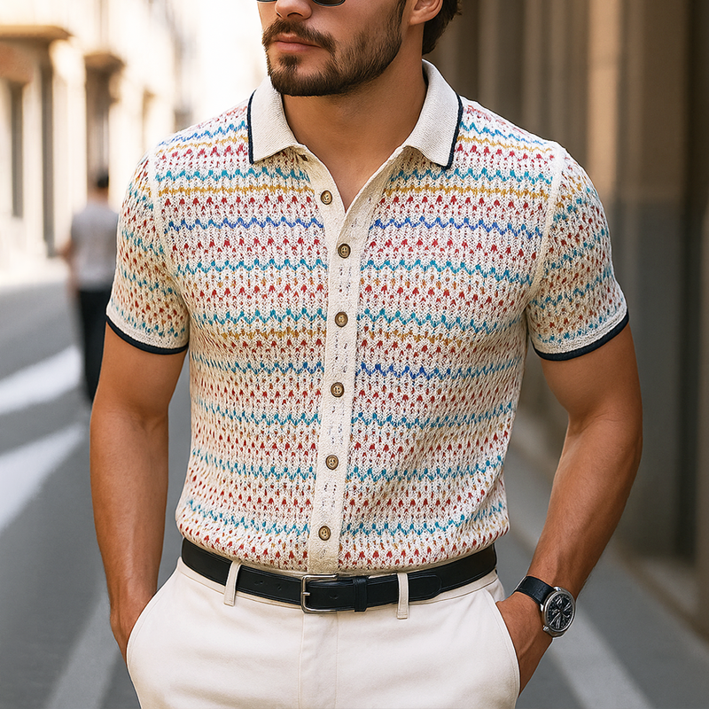 Men's Coloring Wave Striped Knit Lapel Short Sleeve Shirt MTA0446G7Z