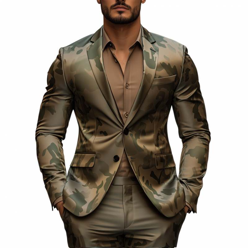 Men's Casual Camouflage Print Satin Notch Lapel Single Breasted Slim Fit Blazer MTA2820G3M