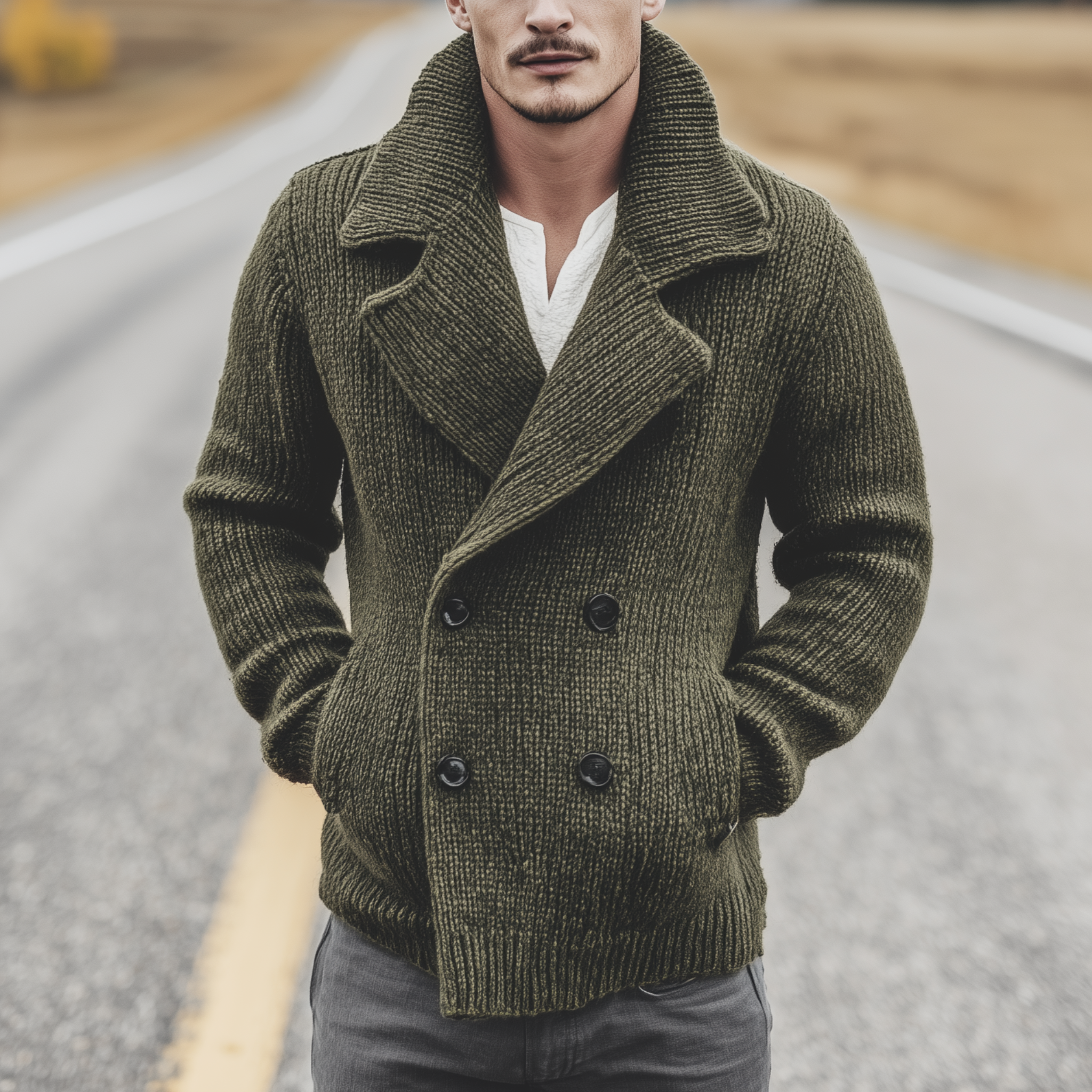Men's Classic Casual Western Tough Style Lapel Double-breasted Knitted Cardigan MTA0843I9K